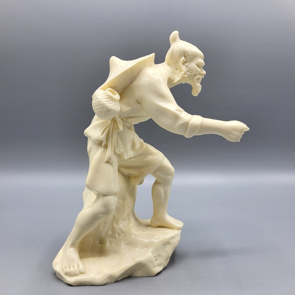 Vintage Chinese Fisherman Figurine Resin Faux Ivory Statue Cream 7"